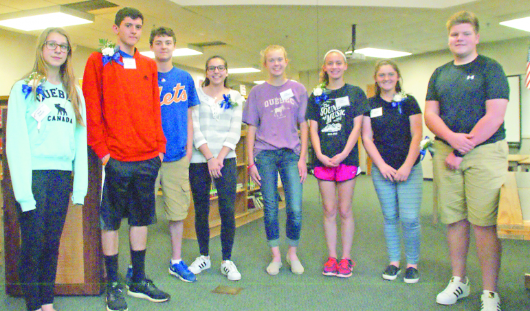 Eight great kids line up for their group portrait after receiving special awards at Suffield Middle School on May 24. From the left: Jewel Hazlett, Nicholas Sinofsky, Remington Ferrari, Clara Maffei, Paige Anderson, Jenna Uzdarwin, Elizabeth McCoy, and Joseph Puia.