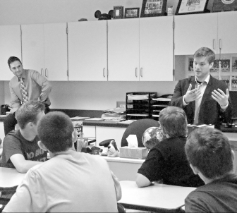 SFES Honoree Trevor Timm, Class of 2003, speaks to a crowded classroom of about 40 upper-class students after the ceremony installing eight new members to the SHS Hall of Honor. Timm, with a J. D. from New York Law School, is the creator and director of the Freedom of the Press Foundation as well as a regular columnist in The Guardian, a prominent British liberal newspaper. The students, mostly members of Steven Wheeler’s A. P. Government class, were vigorous and knowledgeable in their questions. That’s Mr. Wheeler at the left, above.