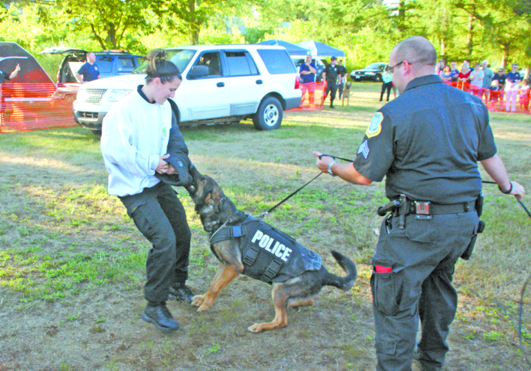 A search and attack dog grabs onto the well-padded wrist of a visiting trainer. Officers from the North American Police Work Dog Association fenced off a large area and demonstrated their activities.