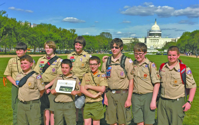 Scouts of Boy Scout Troop 66 paused for their portrait with the Observer on the Mall in Washington, D. C. on a camping field trip in May.  They bused in from a Kampgrounds of America site outside the city for a fantastic time visiting most of the important sites.  From the left: David Fitzgerald, Sam Petrucci, Johnny Riley, Joe Dion, Tommy Fitzgerald, Christian Dion, Michael Riley, Adam McDonough, and Ezra Audet.