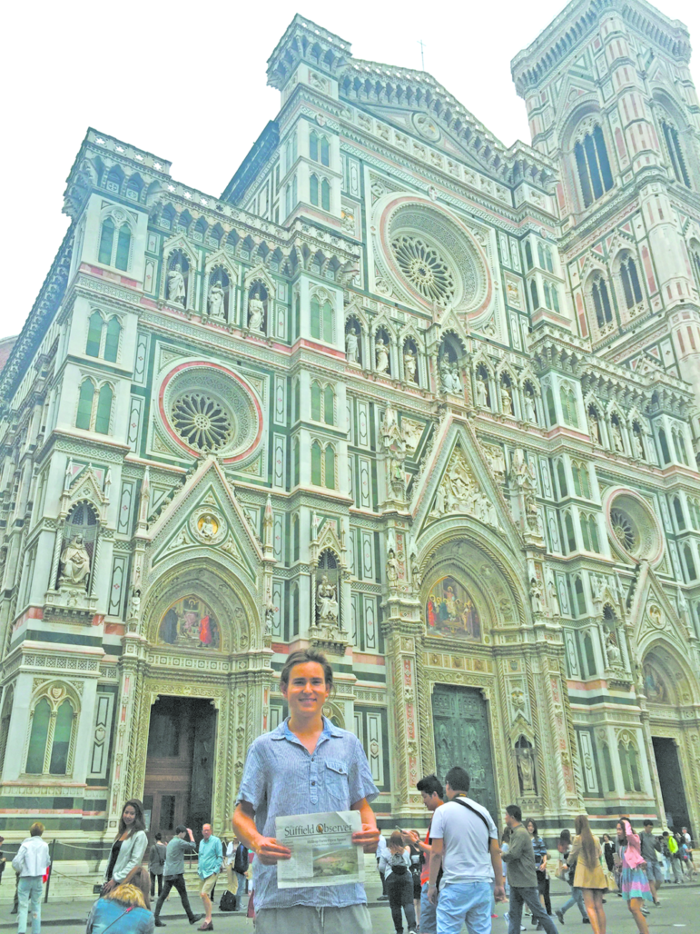 Dwarfed by the fabulous architecture behind him, Kyle Laviana is posed with the Observer in front of the Cattedrale di Santa Maria del Fiore, in Florence, Italy.  He was completing a 90-day immersion semester in June at Stanford University’s campus there and had an opportunity to visit Naples, Pompeii, Venice, Rome, Sicily, Switzerland, and Paris.