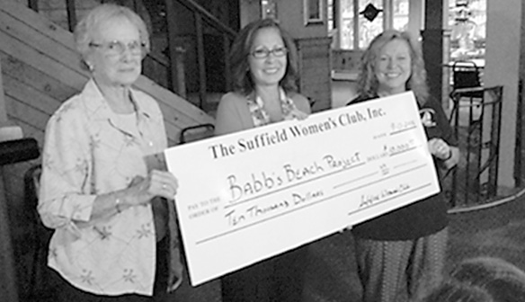 Holding the big display check representing the Suffield Woman’s Club donation to Citizens Restoring Congamond are SWC Past President Joan Bedard, SWC President Lisa Pepe, and CRC President Deb Herath. The funds are to be used for the Babb’s Beach Project.