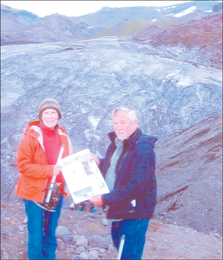 Carol and Tom Kaput stopped for a picture with the Observer by one of the tongues of the Vatnajökull Glacier in Iceland before climbing higher.
