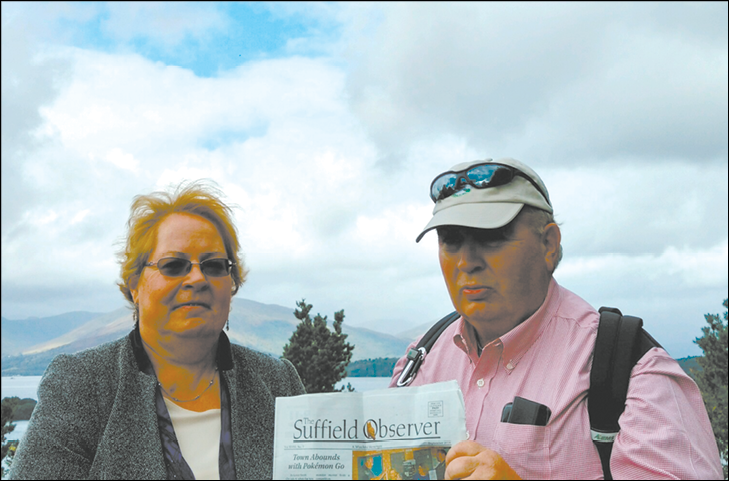Jackie Hemond and her brother Roger Ives are pictured with the Observer on the bonnie, bonnie banks of Loch Lomond during a recent sibling trip to Scotland.