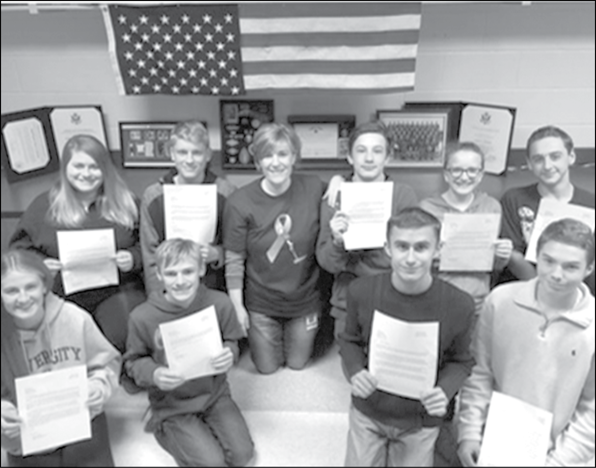 Ten of the author’s students at SHS are pictured with the letters they wrote to veterans recently. From the left, rear: Kelly Fortin, Ryan Lancioni, Laurie Zielinski, Cody Laboda, Mya Dubay, Hunter Adams; front: Sophie Lupone, Camden Hoyt, Zachary Hunleth, Justin Segar. Not photographed: Aden Spano, Quinn Cardaropoli, Benjamin Bazzano.