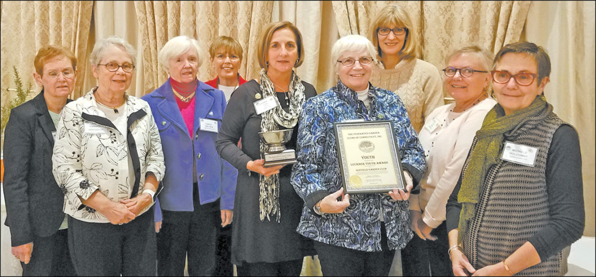 Members of the Suffield Garden Club are pictured at a recent awards meeting of the Federated Garden Clubs of Connecticut, where the local club received several awards. From the left: Judy Boyd, Judy Hanmer, Carol Nielson, Ellen Banks, Gloria Clark (with the Youth Award’s trophy bowl), President Kathy Remington (with the associated plaque), Connie Murray, Joyce Zien, and Michele Holcombe.