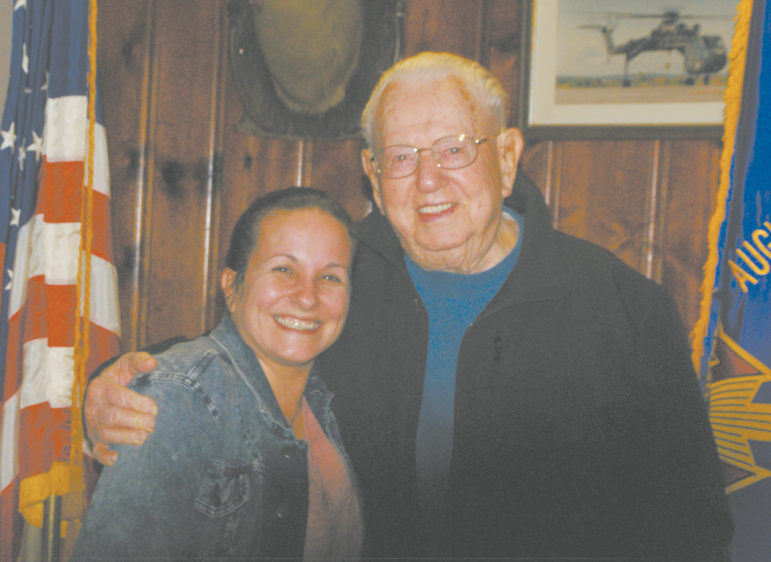 Duke Suzenski, the oldest member of the Suffield VFW Post, is pictured at this 95th birthday party with the newest member, Marina Pendleton. Sgt. Duke is long retired from his wartime service in the Marine Corps; Marina, having served several USAF tours in the Middle East, is presently on active duty with the Connecticut Air National Guard in the 103rd Airlift Wing at Bradley Airport.