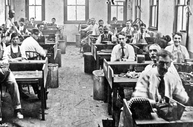 Cigarmakers pause for their portrait in an unidentified Suffield cigar shop, perhaps about 1920. If any of our readers can identifiy the shop, we’d like to hear from you.