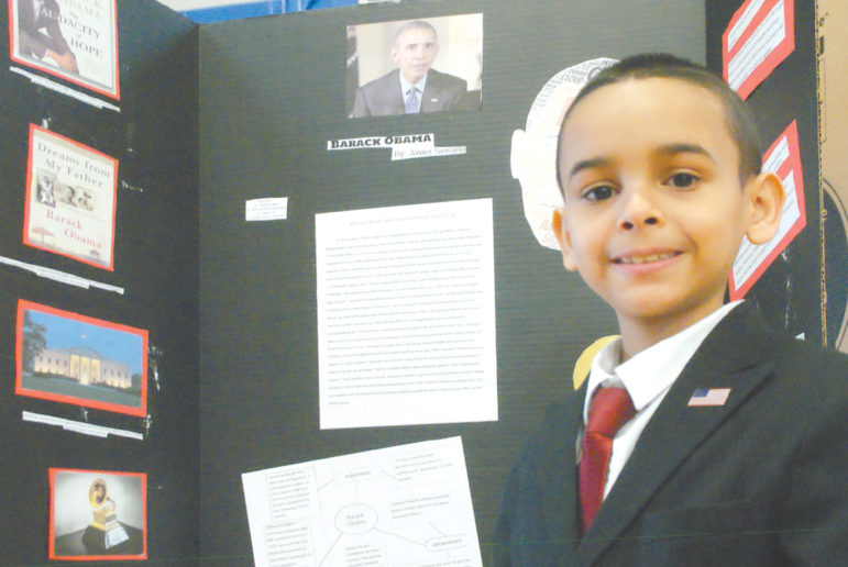 Javier Serrano of Hartford is Barack Obama in the Suffield Middle School sixth grade Wax Museum event on January 31. The second half of the sixth grade did their presentations on February 7.