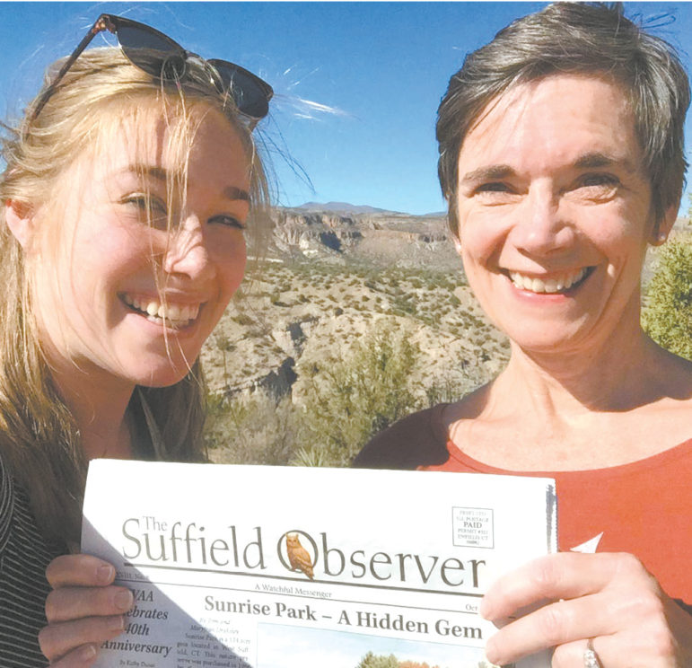 Holding the Observer while hiking at the Kasha-Katuwe Tent Rock National Monument just south of Santa Fe, New Mexico are Molly Stromoski and her mother Danna Gaunter. They had gone to New Mexico in October to run their second half-marathon in Albuquerque.
