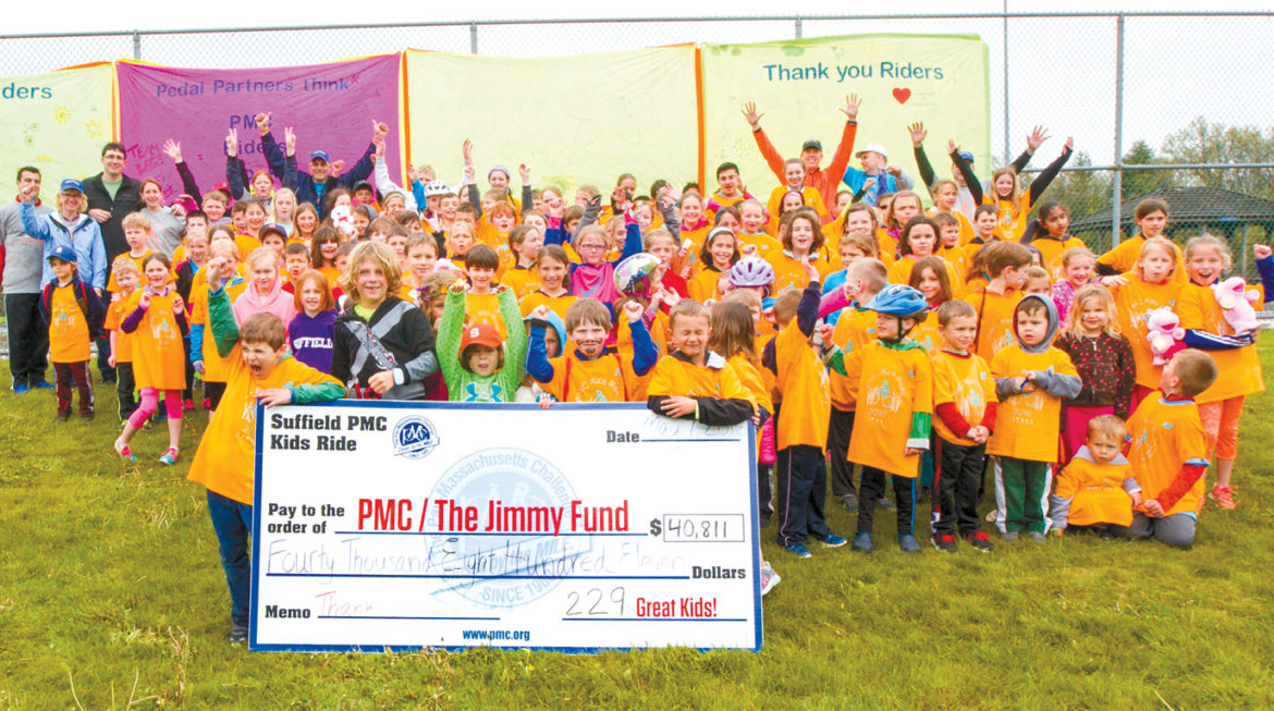 The riders in last year’s PMC Kids Ride in Suffield are pictured here with the giant $40,811 check for funds collected. Let’s beat that in 2017!