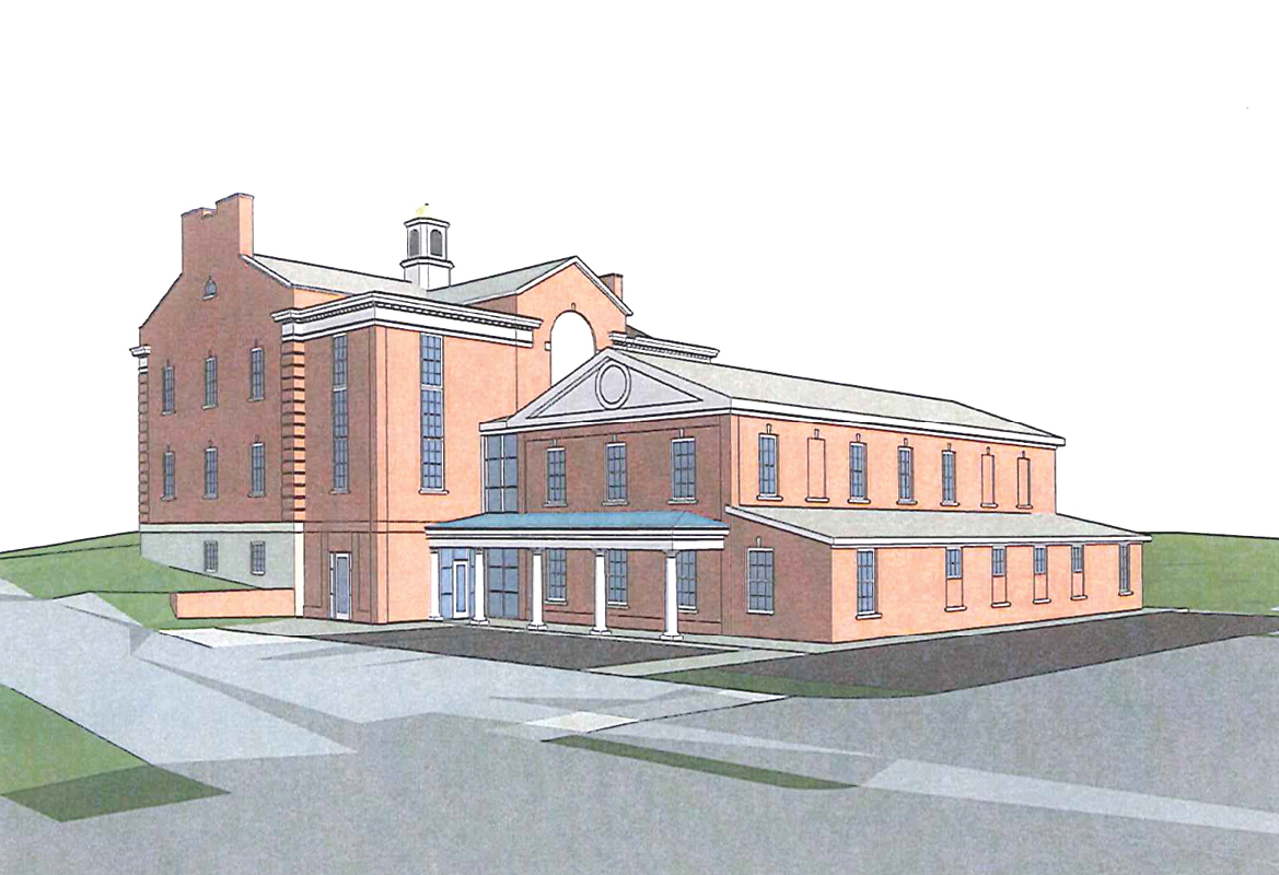 The two-story addition being planned for the Suffield Town Hall is shown in this conceptual rendering, viewed from the southwest. With a large ground floor addition and a somewhat smaller first floor expansion. Departments now located in the Town Hall Annex and at 230 Mountain Road would be together again. A new stair tower joining all three levels is next to the ground level door.