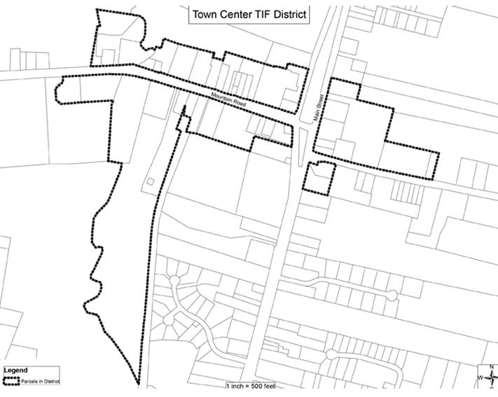 The planned TIF District in Suffield is almost congruent with the Town Center Village Zoning District.