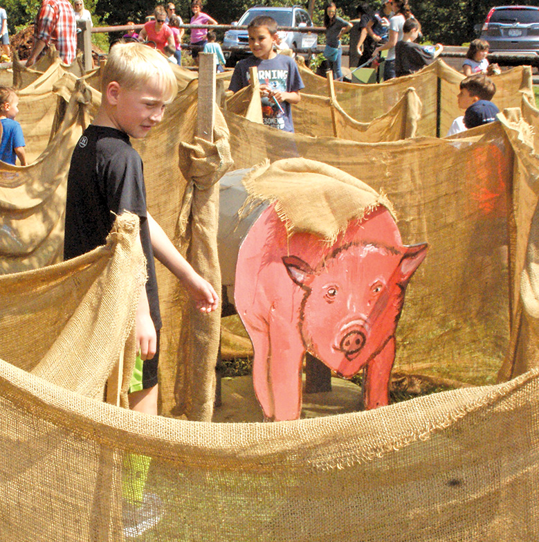 Braden Parrelli, 8, encounters a quizzical hog in one of the dead ends as he wends his way through the burlap maze at Farm Fest.
