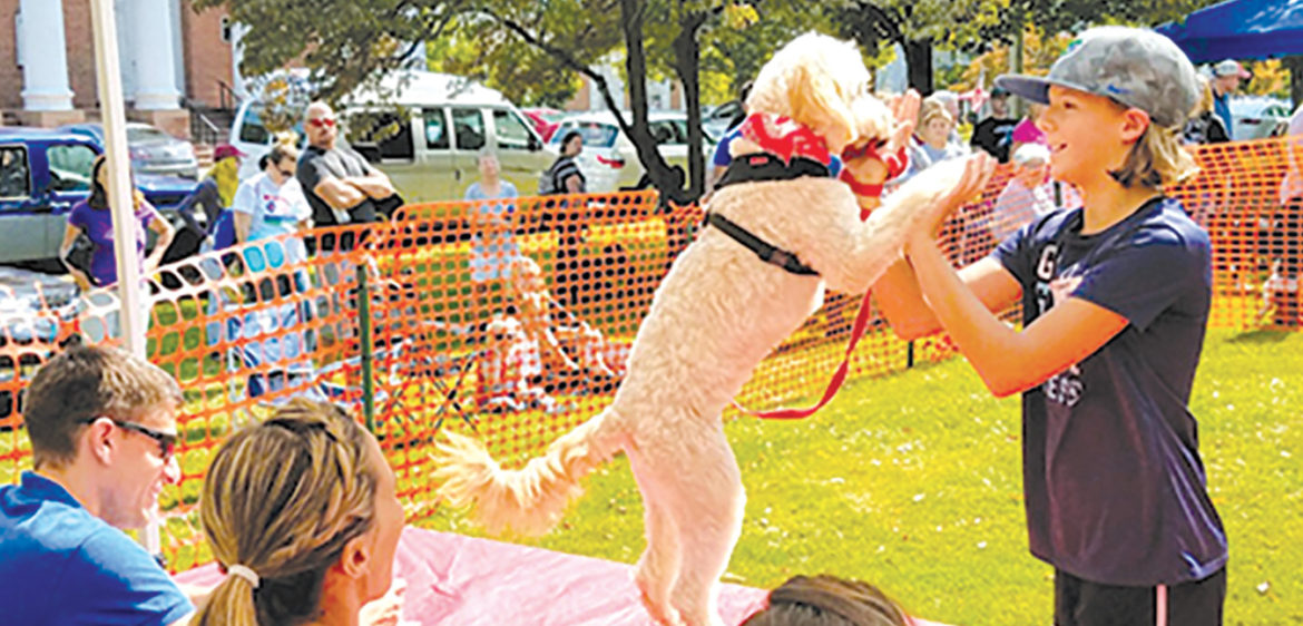 Grace Taylor of Longmeadow (formerly of Suffield) gives her dog, Bailey, a seven-year-old Golden Doodle, two high fives in the annual Canine Contest.