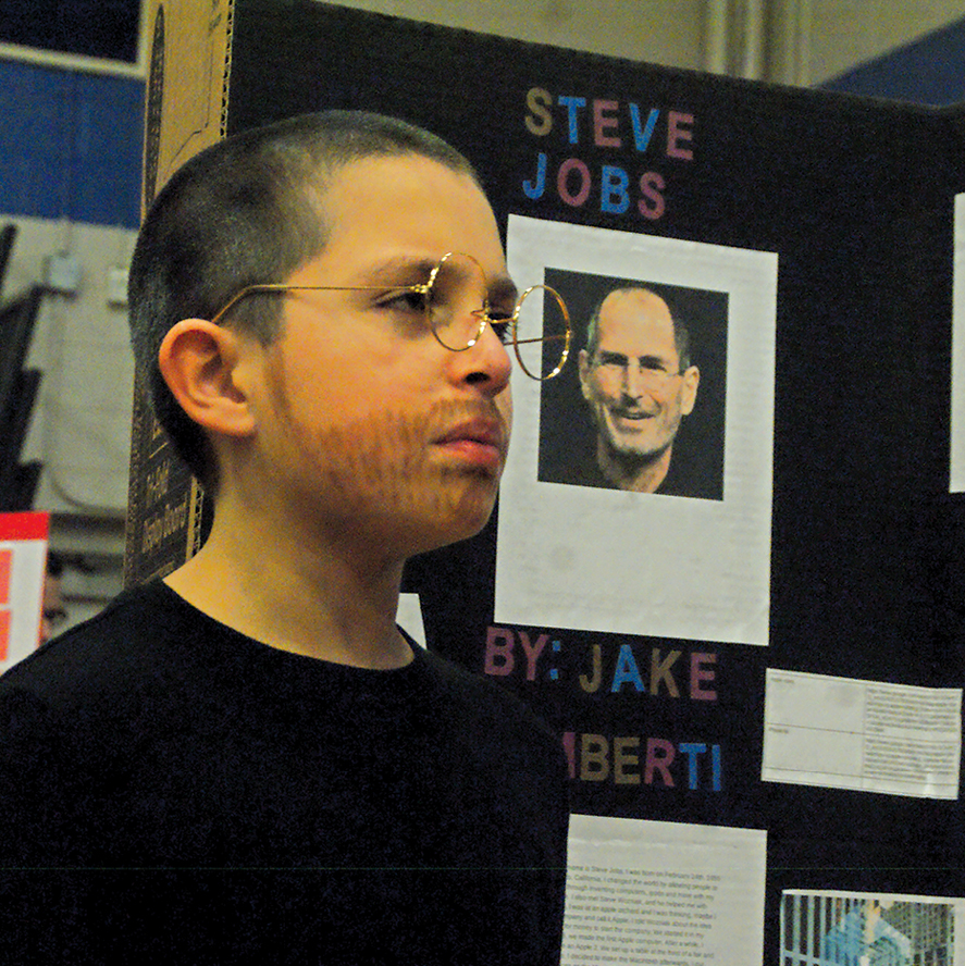 Jake Lamberti captured the spirit of Steve Jobs, including the stubble and serious demeanor.