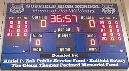 A new Volleyball/Basketball/Wrestling Scoreboard now hangs in the Suffield High School gym.