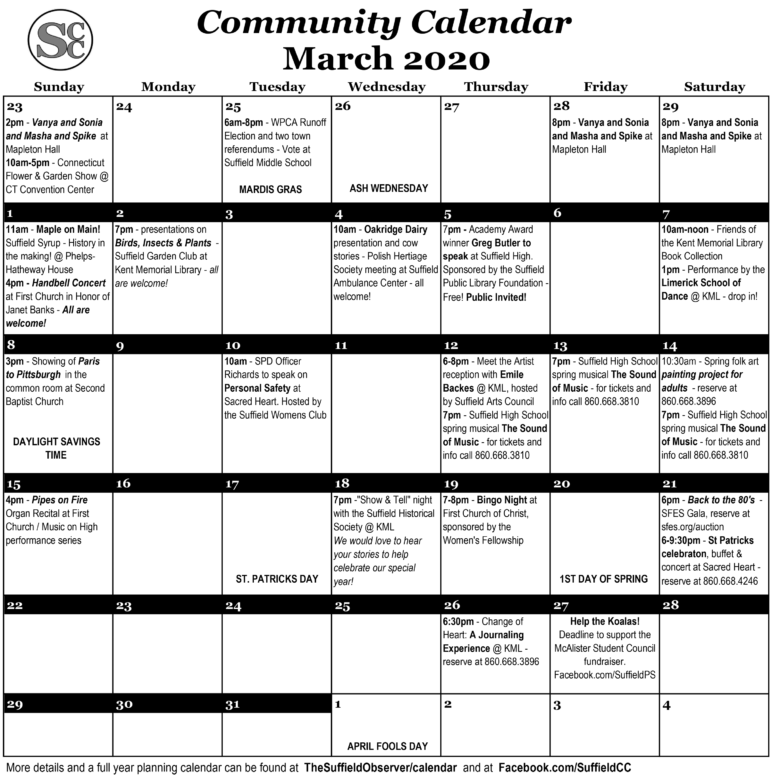 Community Calendar March 2020 The Suffield Observer